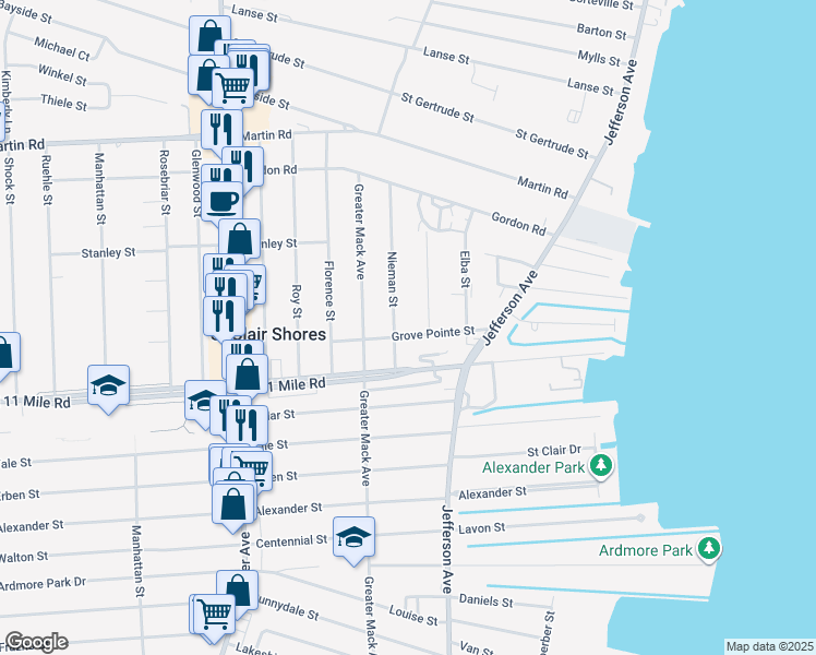 map of restaurants, bars, coffee shops, grocery stores, and more near 27905 Nieman Street in St. Clair Shores