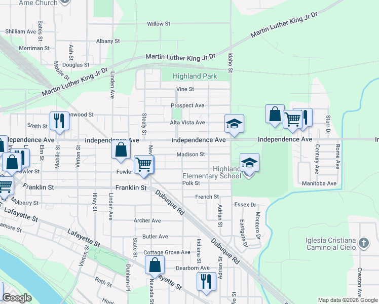 map of restaurants, bars, coffee shops, grocery stores, and more near 1116 Independence Avenue in Waterloo