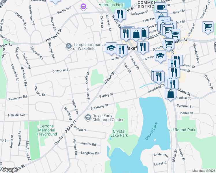 map of restaurants, bars, coffee shops, grocery stores, and more near 272 Albion Street in Wakefield