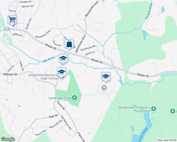 map of restaurants, bars, coffee shops, grocery stores, and more near 28 Wiley Street in Wakefield