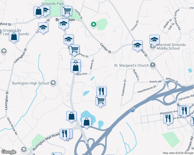 map of restaurants, bars, coffee shops, grocery stores, and more near 14 Maple Ridge Drive in Burlington