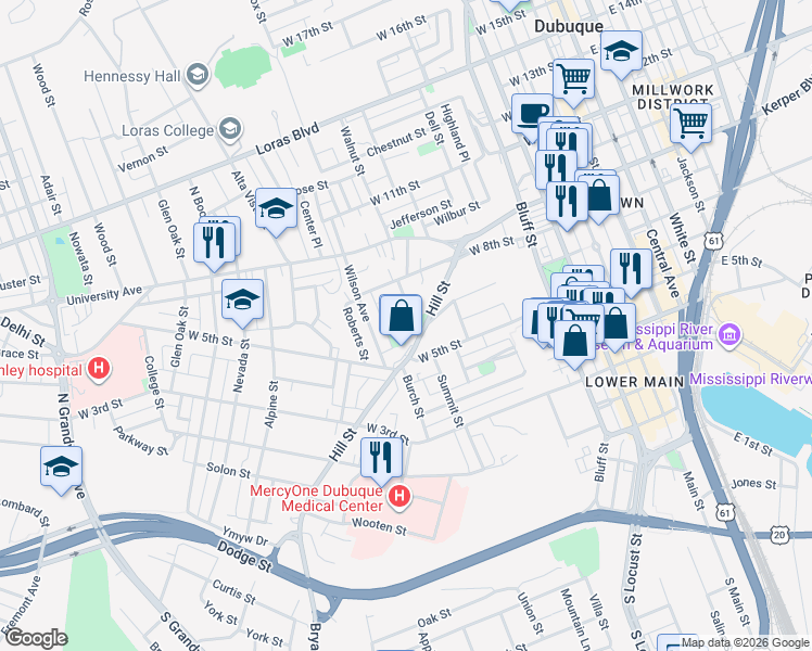map of restaurants, bars, coffee shops, grocery stores, and more near 685 Hill Street in Dubuque