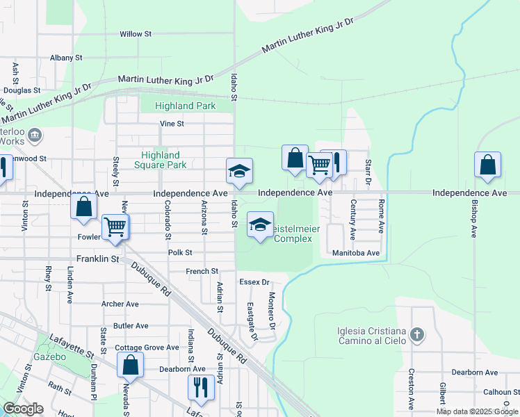 map of restaurants, bars, coffee shops, grocery stores, and more near 1410 Independence Avenue in Waterloo