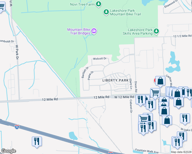 map of restaurants, bars, coffee shops, grocery stores, and more near 44901 Paine Drive in Novi