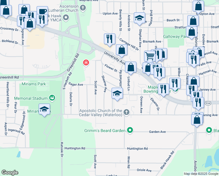map of restaurants, bars, coffee shops, grocery stores, and more near 1739 Seneca Avenue in Waterloo