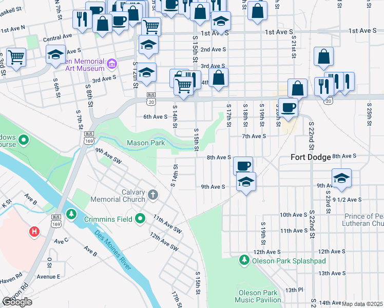 map of restaurants, bars, coffee shops, grocery stores, and more near 1504 8th Avenue South in Fort Dodge