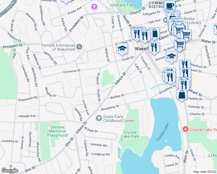 map of restaurants, bars, coffee shops, grocery stores, and more near 7 Byron Street in Wakefield
