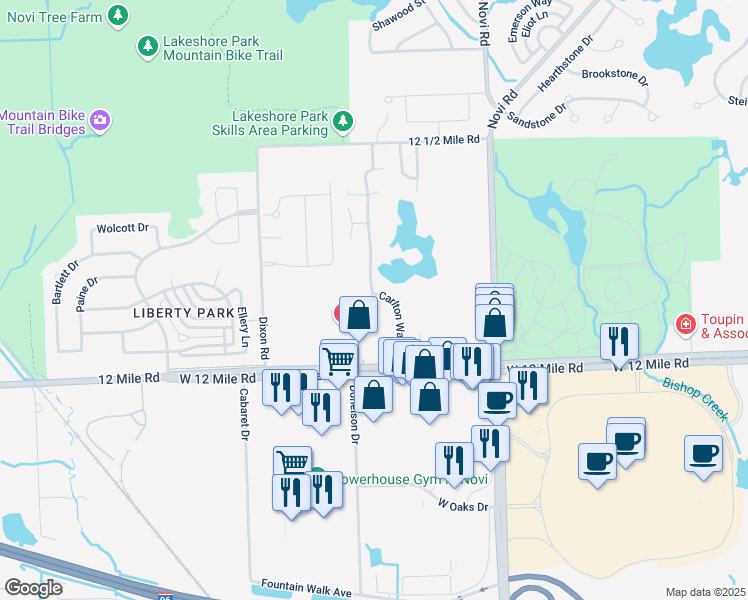 map of restaurants, bars, coffee shops, grocery stores, and more near 28071 Carlton Way Drive in Novi