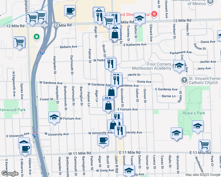 map of restaurants, bars, coffee shops, grocery stores, and more near 27845 John R Road in Madison Heights
