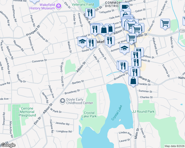 map of restaurants, bars, coffee shops, grocery stores, and more near 25 Lake Street in Wakefield