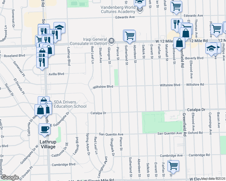 map of restaurants, bars, coffee shops, grocery stores, and more near 28315 Pierce Street in Southfield