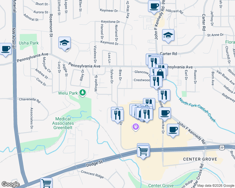 map of restaurants, bars, coffee shops, grocery stores, and more near 1595 Kebbie Dr in Dubuque