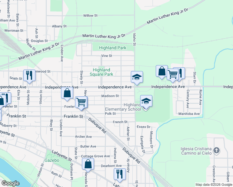 map of restaurants, bars, coffee shops, grocery stores, and more near 1158 Independence Avenue in Waterloo