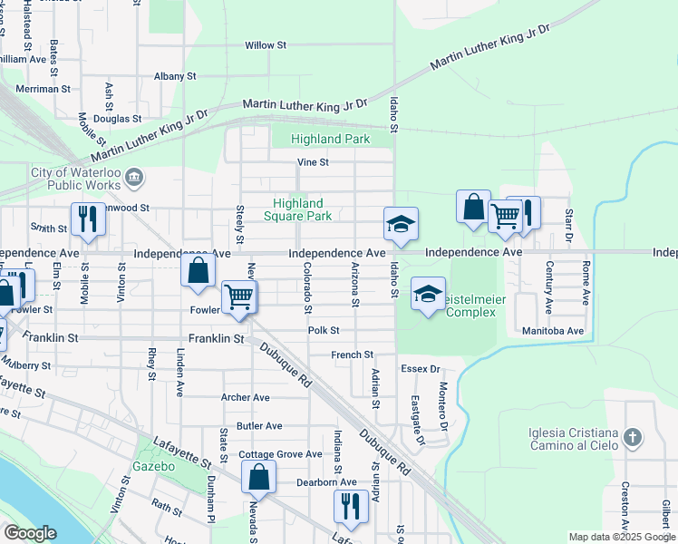 map of restaurants, bars, coffee shops, grocery stores, and more near 1158 Independence Avenue in Waterloo