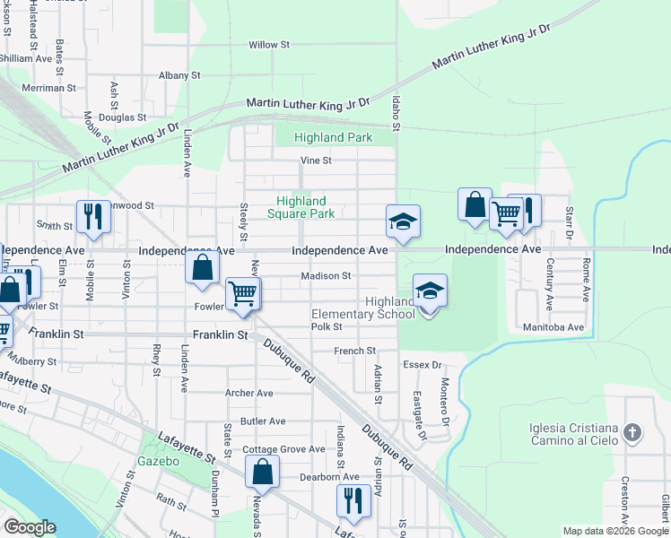 map of restaurants, bars, coffee shops, grocery stores, and more near 1116 Independence Avenue in Waterloo