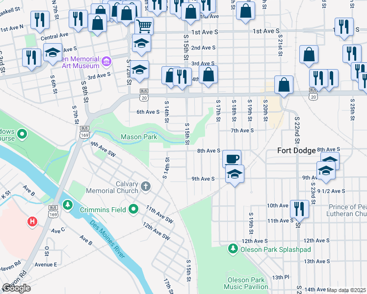 map of restaurants, bars, coffee shops, grocery stores, and more near 1504 8th Avenue South in Fort Dodge