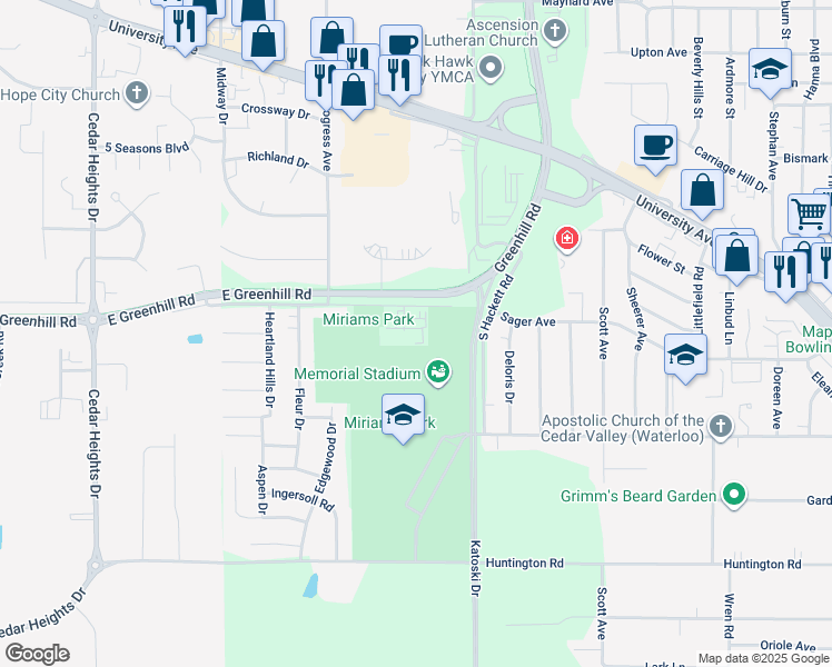 map of restaurants, bars, coffee shops, grocery stores, and more near 1127 Tiffany Place in Waterloo