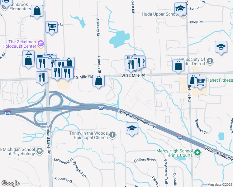 map of restaurants, bars, coffee shops, grocery stores, and more near 27600 Cordoba Drive in Farmington Hills