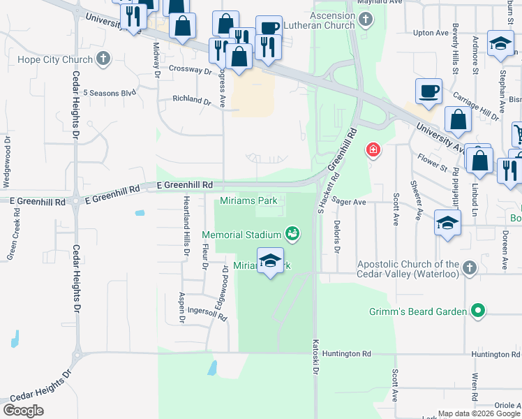 map of restaurants, bars, coffee shops, grocery stores, and more near 1118 Tiffany Place in Waterloo
