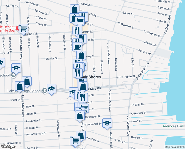 map of restaurants, bars, coffee shops, grocery stores, and more near in St. Clair Shores