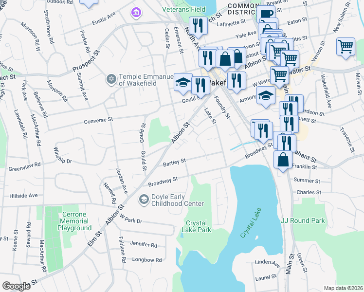 map of restaurants, bars, coffee shops, grocery stores, and more near 272 Albion Street in Wakefield