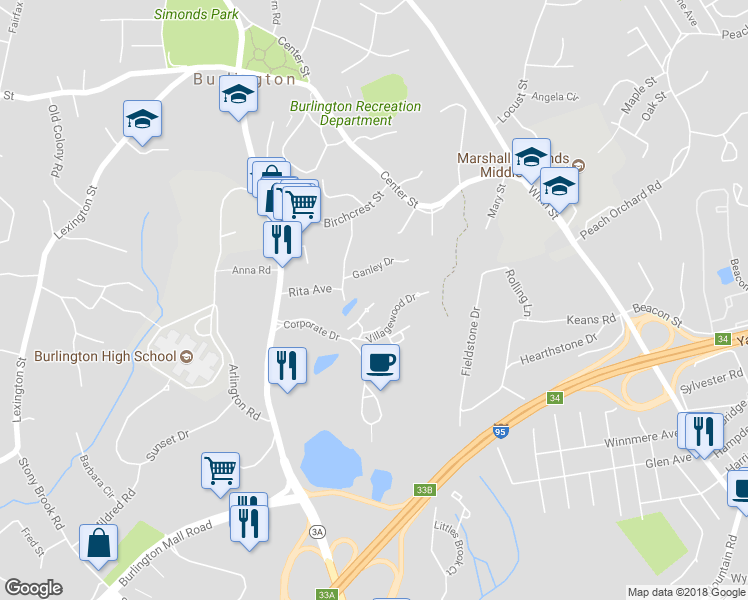 map of restaurants, bars, coffee shops, grocery stores, and more near 14 Maple Ridge Drive in Burlington