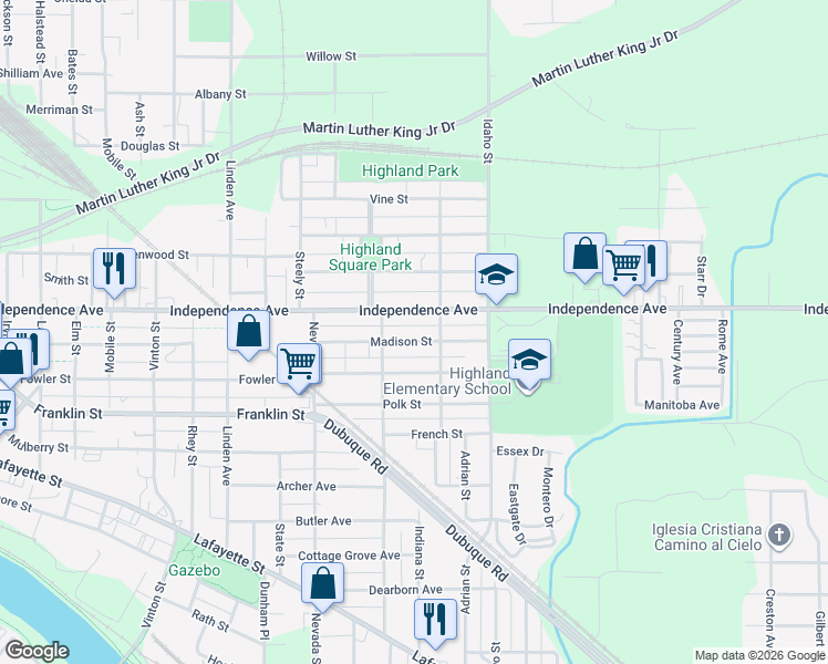 map of restaurants, bars, coffee shops, grocery stores, and more near 1116 Independence Avenue in Waterloo