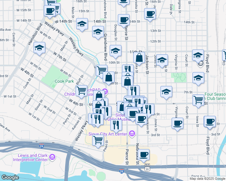 map of restaurants, bars, coffee shops, grocery stores, and more near 709 Douglas Street in Sioux City