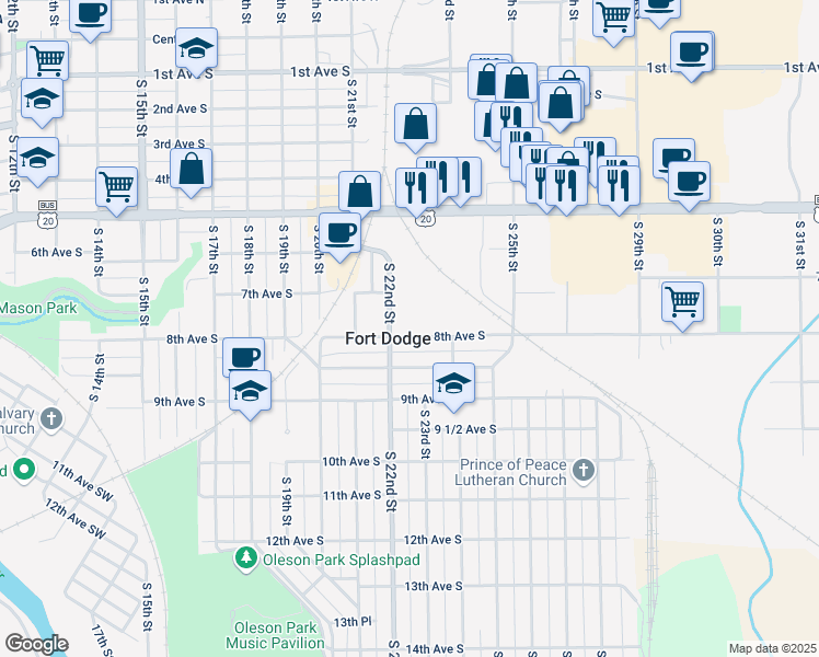 map of restaurants, bars, coffee shops, grocery stores, and more near 2216 8th Avenue South in Fort Dodge