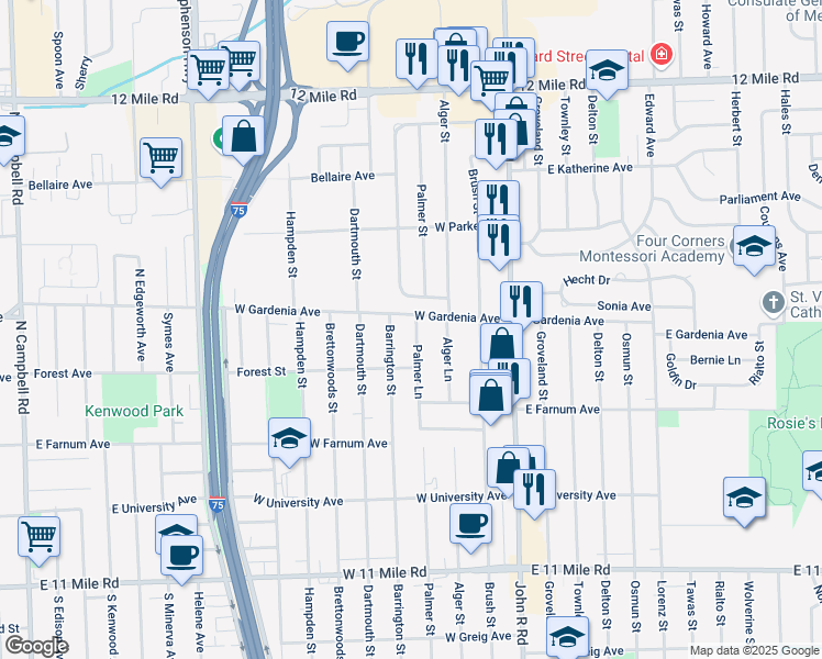 map of restaurants, bars, coffee shops, grocery stores, and more near 27873 Palmer Lane in Madison Heights