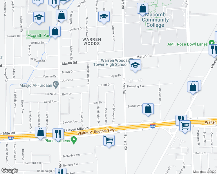 map of restaurants, bars, coffee shops, grocery stores, and more near 14132 Huff Drive in Warren