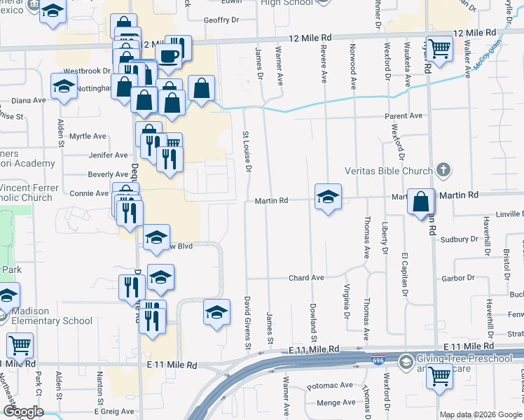 map of restaurants, bars, coffee shops, grocery stores, and more near 27847 James Street in Warren