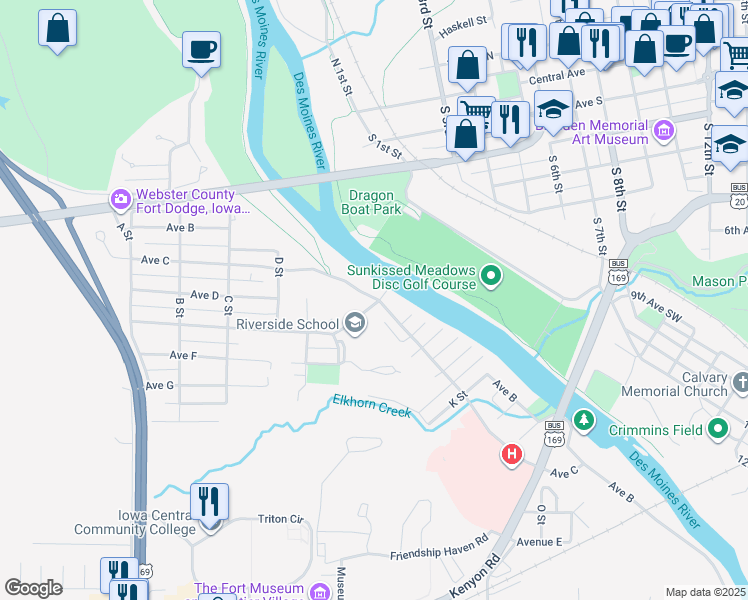 map of restaurants, bars, coffee shops, grocery stores, and more near 554 Avenue C in Fort Dodge