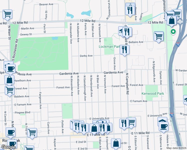 map of restaurants, bars, coffee shops, grocery stores, and more near 923 North Blair Avenue in Royal Oak