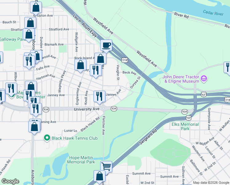 map of restaurants, bars, coffee shops, grocery stores, and more near 1621 Falls Avenue in Waterloo