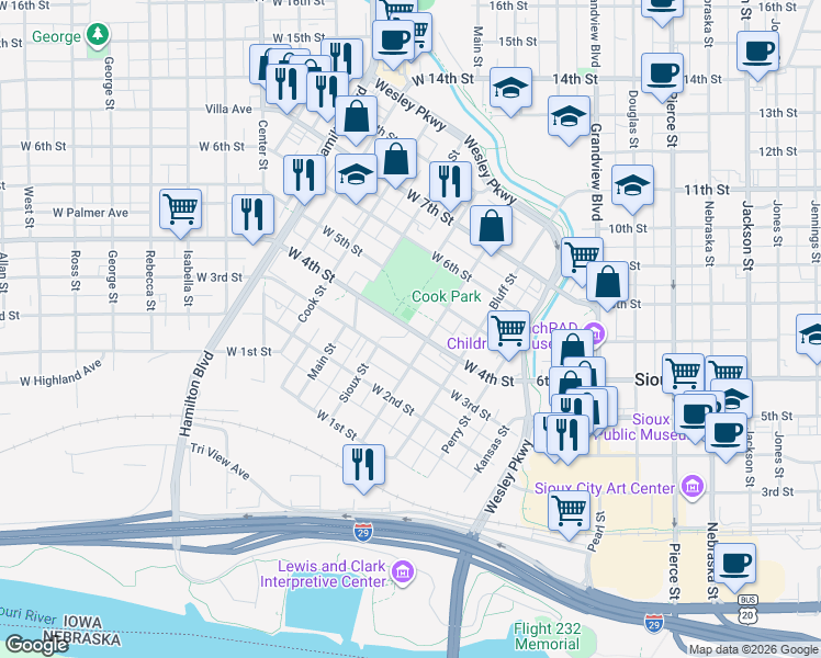 map of restaurants, bars, coffee shops, grocery stores, and more near Sioux Street in Sioux City