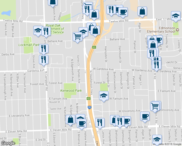 map of restaurants, bars, coffee shops, grocery stores, and more near North Stephenson Highway in Royal Oak