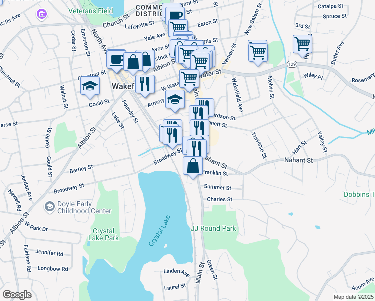 map of restaurants, bars, coffee shops, grocery stores, and more near 23 North Avenue in Wakefield