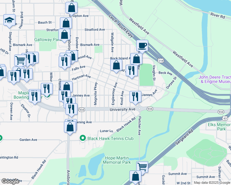 map of restaurants, bars, coffee shops, grocery stores, and more near 1121 Englewood Avenue in Waterloo
