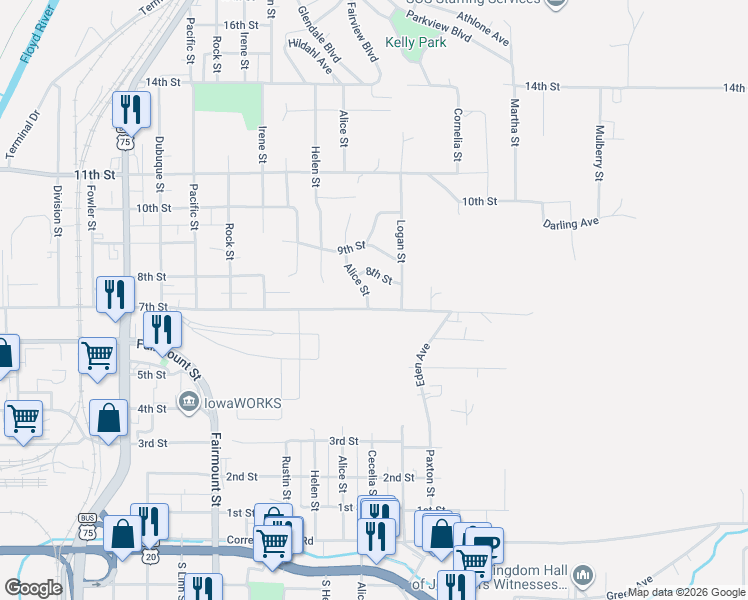 map of restaurants, bars, coffee shops, grocery stores, and more near 700 Alice Street in Sioux City