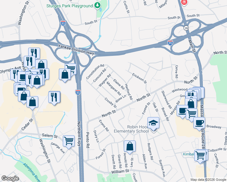 map of restaurants, bars, coffee shops, grocery stores, and more near 10 Margaret Road in Stoneham