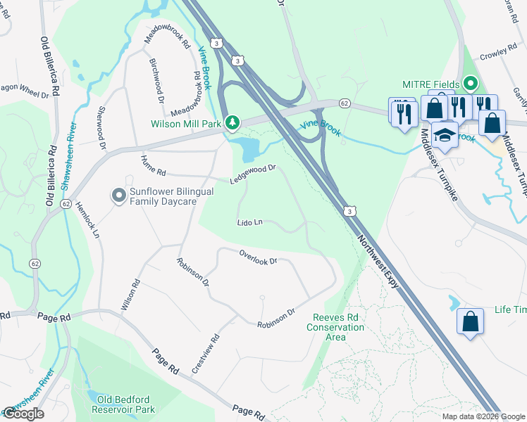 map of restaurants, bars, coffee shops, grocery stores, and more near 12 Lido Lane in Bedford