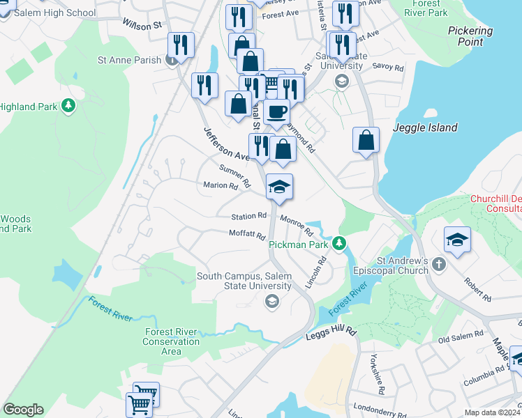 map of restaurants, bars, coffee shops, grocery stores, and more near 3 Sumner Road in Salem