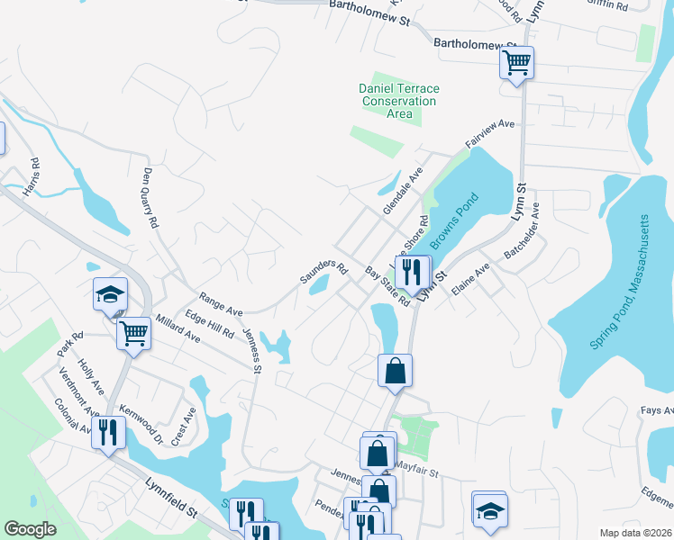 map of restaurants, bars, coffee shops, grocery stores, and more near 64 Bay State Road in Lynn