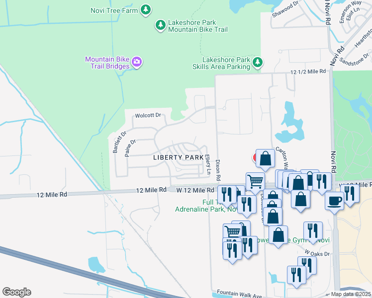 map of restaurants, bars, coffee shops, grocery stores, and more near 44496 Gwinnett Loop in Novi