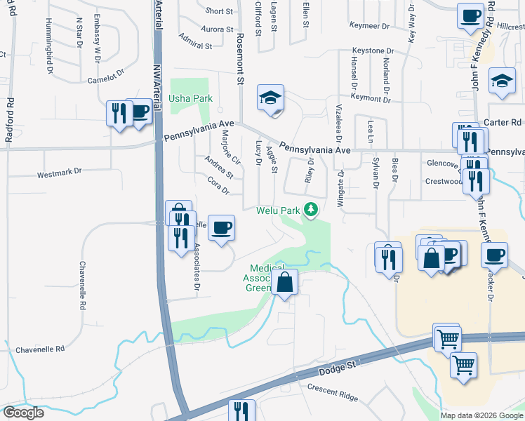 map of restaurants, bars, coffee shops, grocery stores, and more near 3775 Welu Drive in Dubuque