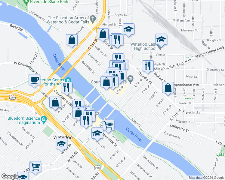 map of restaurants, bars, coffee shops, grocery stores, and more near 607 Sycamore Street in Waterloo