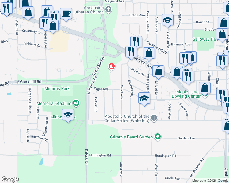 map of restaurants, bars, coffee shops, grocery stores, and more near 1901-1999 Sager Ave in Waterloo
