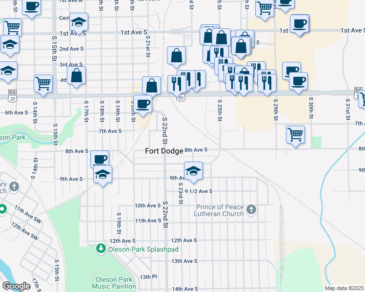 map of restaurants, bars, coffee shops, grocery stores, and more near 2216 8th Avenue South in Fort Dodge