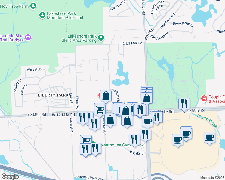 map of restaurants, bars, coffee shops, grocery stores, and more near 28050 Carlton Way Drive in Novi
